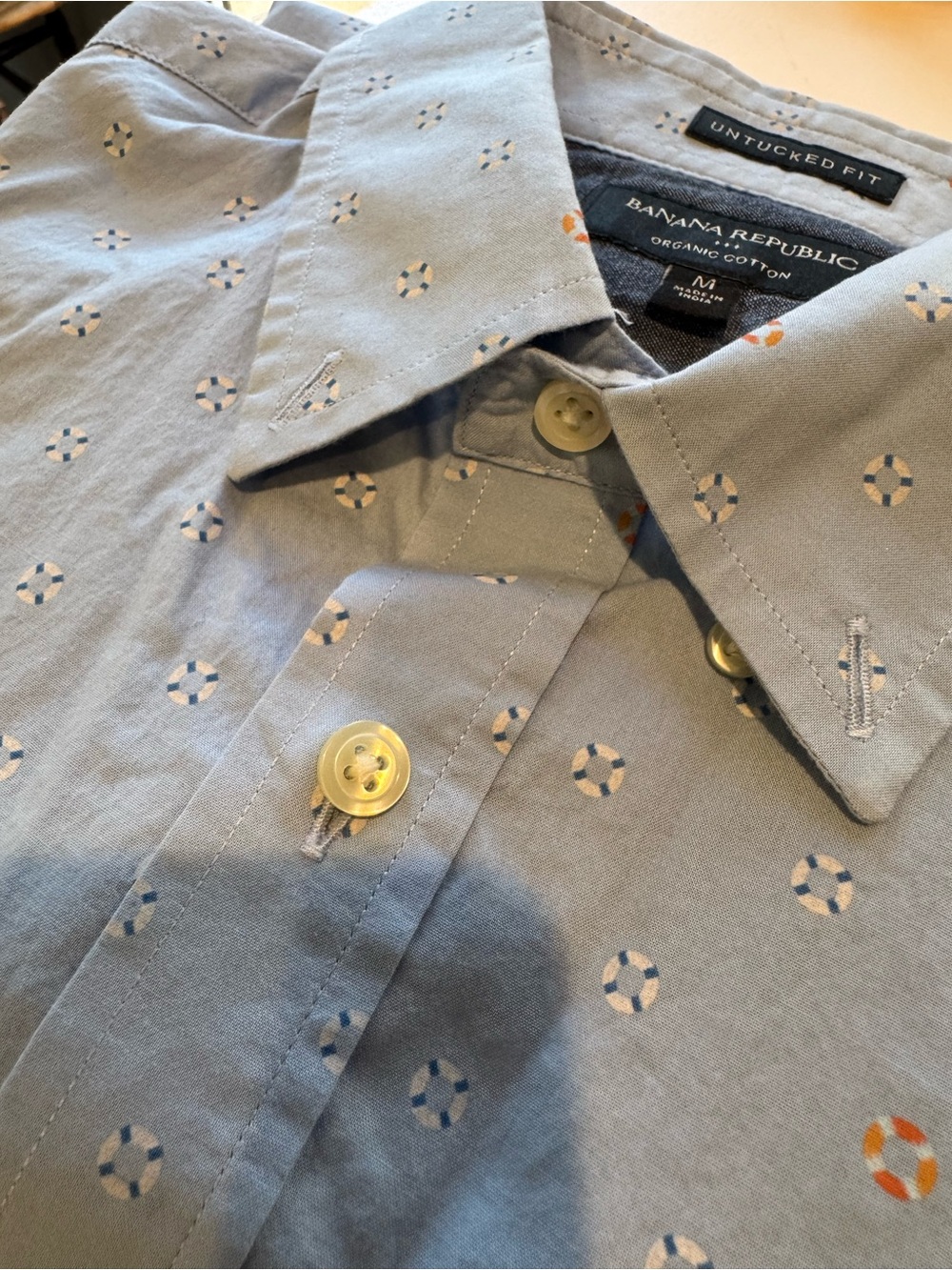 Summer print Blue Printed Button-Up Shirt untucked medium organic preppy